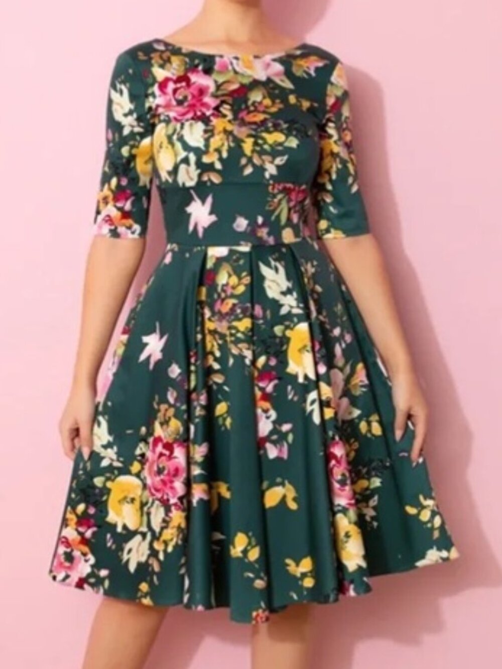 The Pretty Dress Company Vintage Deep Green Seville Floral Midi Dress UK Size 16